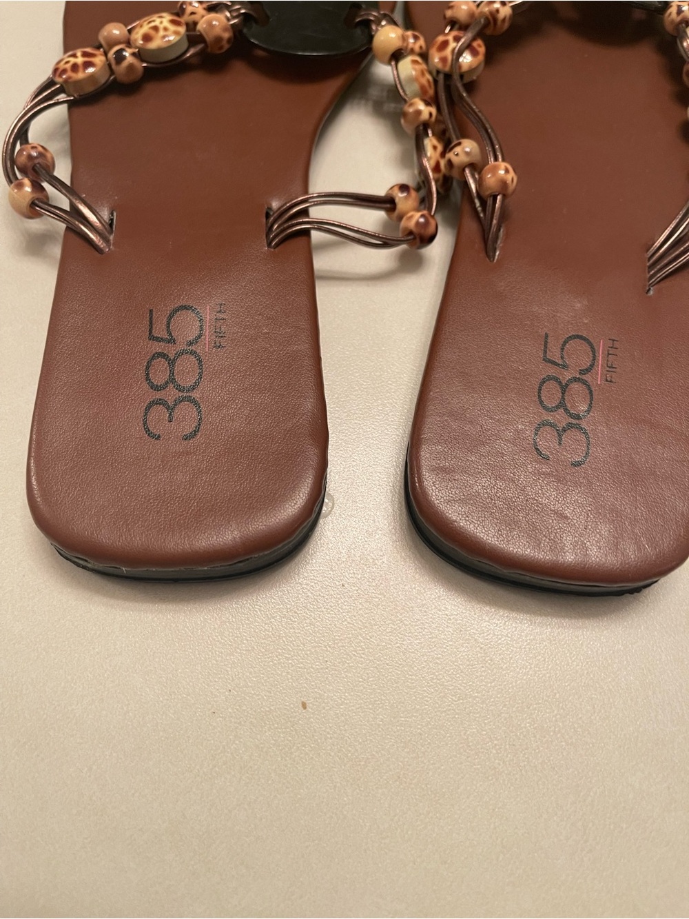 385 Fifth Brown Beaded T-Strap Sandals with Decorative Accents - Picture 3 of 4